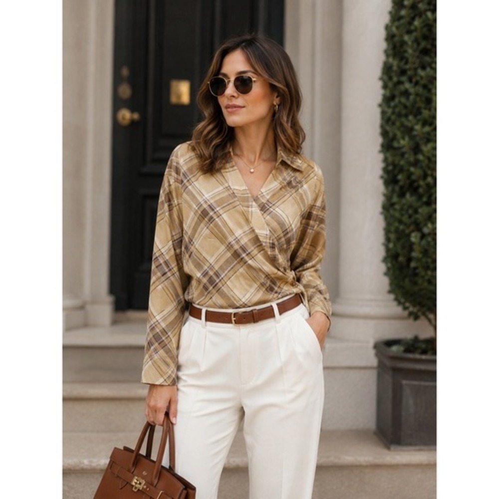 NWT Ralph Lauren Tan Plaid Wrap Blouse Petite Small  Long Sleeve V-Neck Preppy